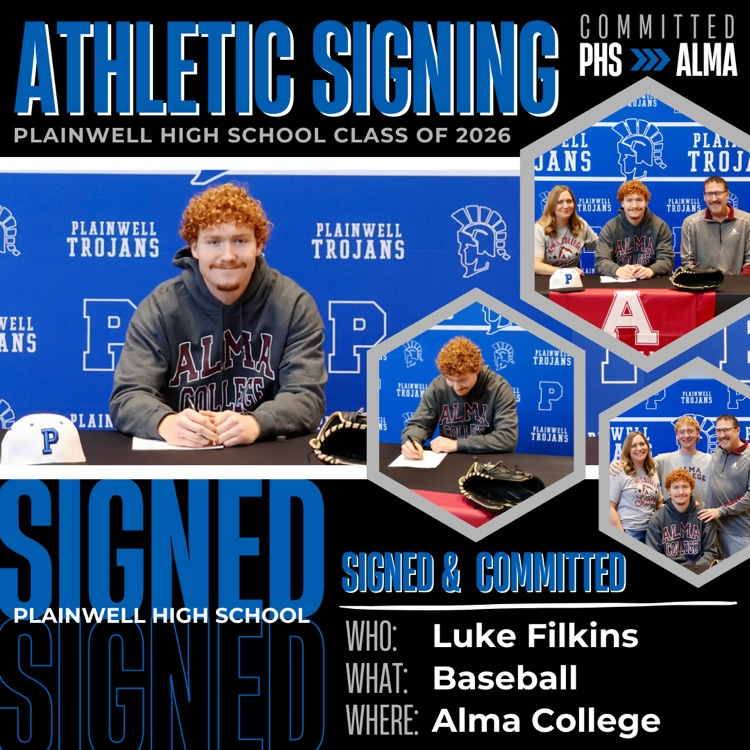 committed - phs to Alma- athletic signing - plainwell high school class of 2026 - signed, signed - plainwell high school - signed & committed - who: Luke Filkins - what: baseball - where: Alma college