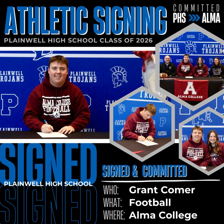 committed - phs to Alma - athletic signing - plainwell high school class of 2026 - signed, signed - plainwell high school - signed & committed - who: Grant Comer - sport: football - where: Alma college 