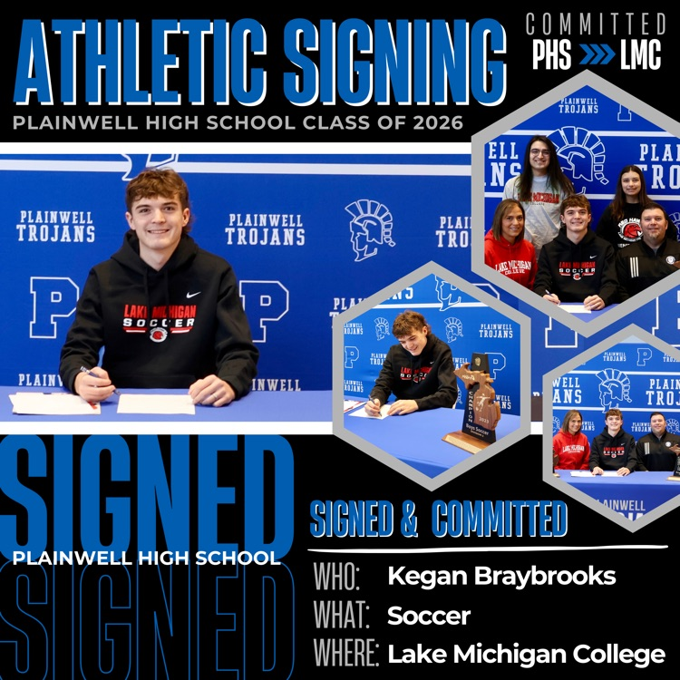 committed - phs to lmc - athletic signing - plainwell high school class of 2026 - signed, signed - plainwell high school - signed & committed - who: Kegan braybrooks - sport: soccer - where: Lake Michigan college