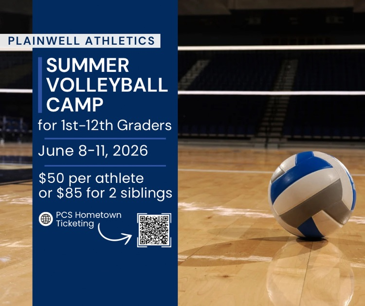 plainwell athletics - summer volleyball camp for 1st-12 graders - June 8-11, 2026 - $50 per athlete or $85 for 2 siblings - PCs hometown ticketing QR code