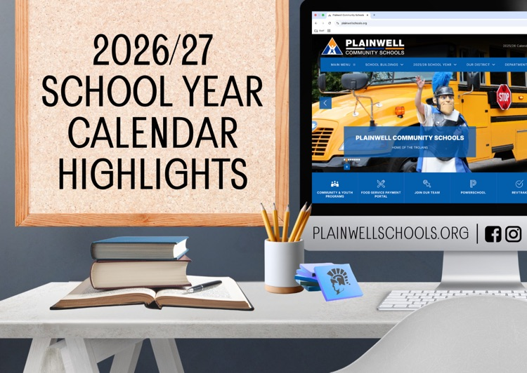 2026/27 school year calendar highlights - picture of of desk with computer and bulletin board