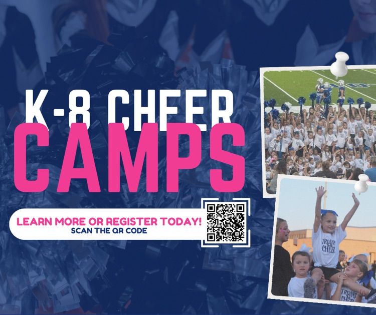 youth cheer pictures with writing saying k-8 cheer camps - learn more or designer today - scan the QR code 