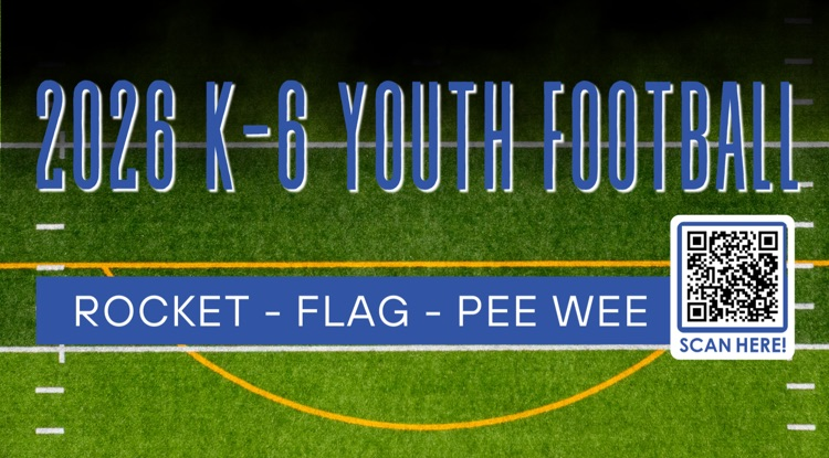 picture of turf football field with k-6 youth football - rocket, flag, pee wee written and QR code 