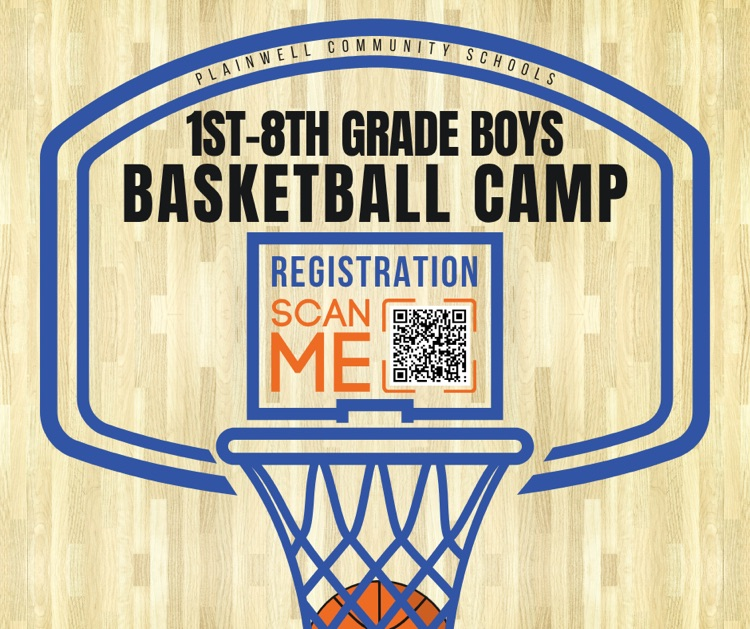basketball hoops with words written - plainwell community schools - 1st-8th grade boys basketball camp - scan me (qr code)
