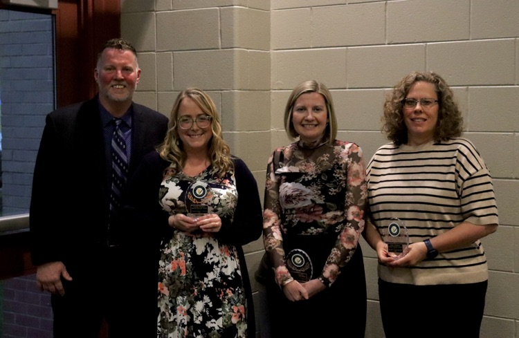 picture of superintendent Montange with 2026 outstanding people for education winners - Caitlin bunker, Noel muslin and Julie Jackson 