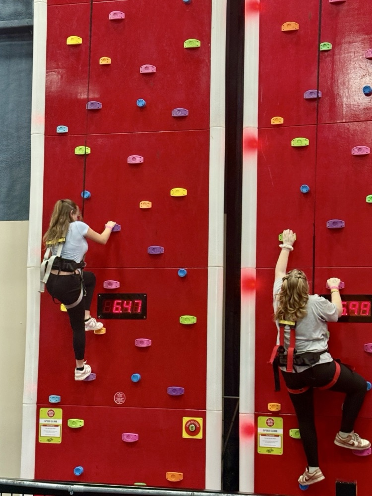 picture of two students climbing a rock wall during a field trip 