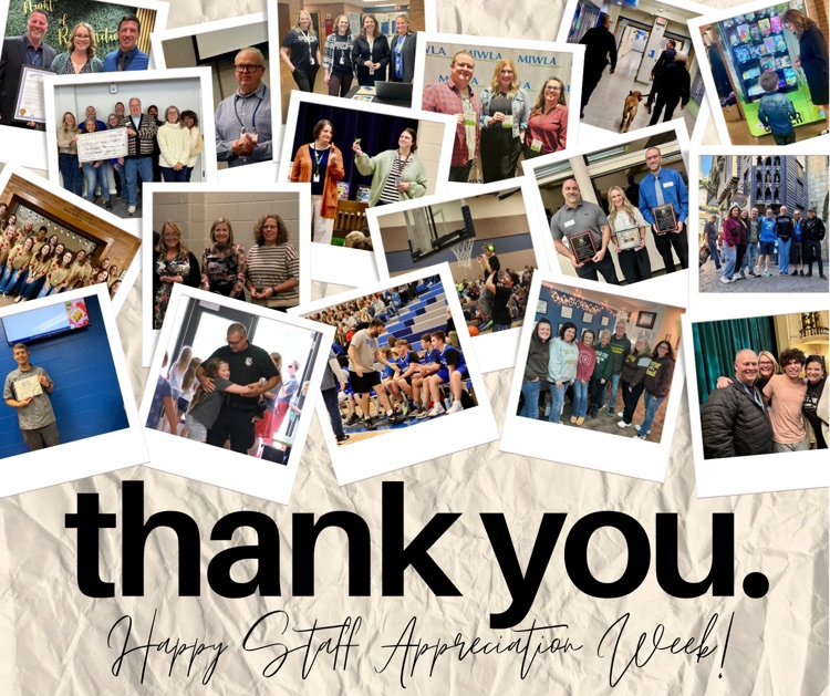 various pictures of staff members in a collage with words saying thank you, happy staff appreciation week! 