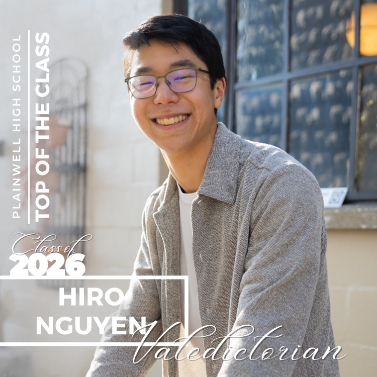 Picture of senior class student with writing - Plainwell High School - Top of the Class - Class of 2026 - Hiro Nguyen - Valedictorian