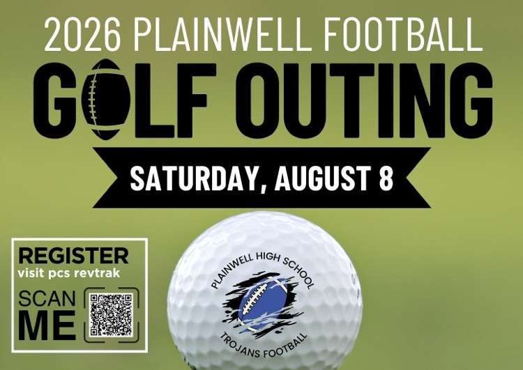 Registration is open for the 2026 Plainwell Football Golf Outing on Saturday, August 8. The event will be held at Crestview Golf Club. To register, please scan the QR code or visit the PCS RevTrak page - picture of green grass with golf ball