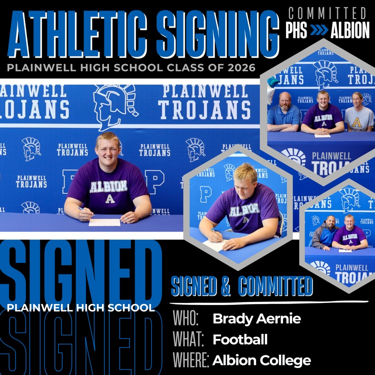 athletic signing - phs to Albion - signed & committed - who: Brady aernie , what: football, where: Albion college
