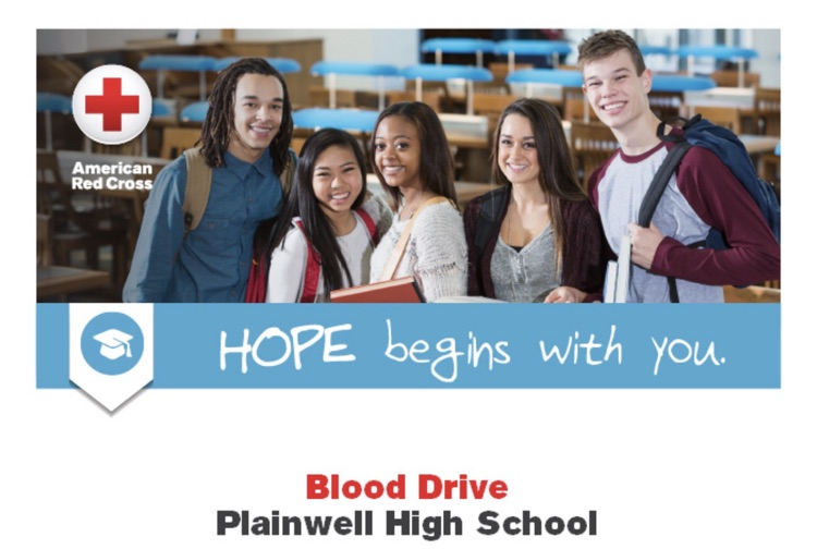 American Red Cross flyer with hope begins with you - blood drive - Plainwel high school written