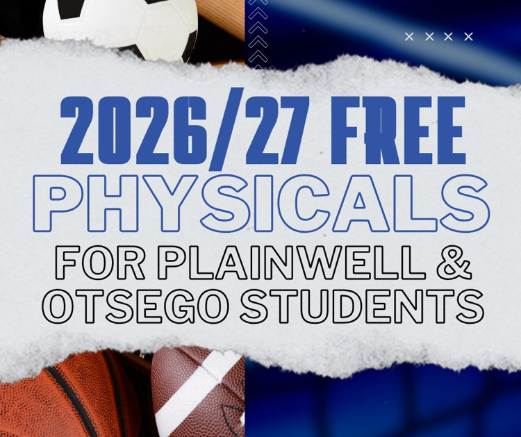 picture of various sports equipment with words written- 2026/27 free physicals for plainwell & Otsego students