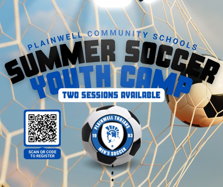 picture of a soccer net and ball with plainwell community schools - summer soccer youth camp - two sessions available - scan QR code to register written 