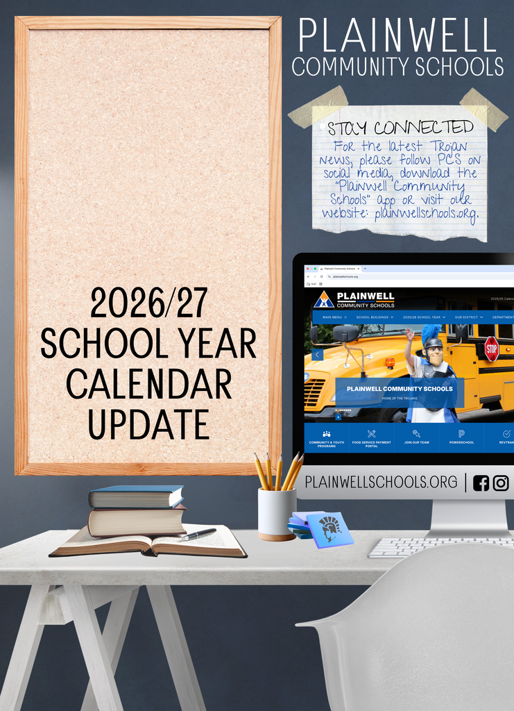 Picture of desk with computer with words 2026/27 School Year Calendar Update written