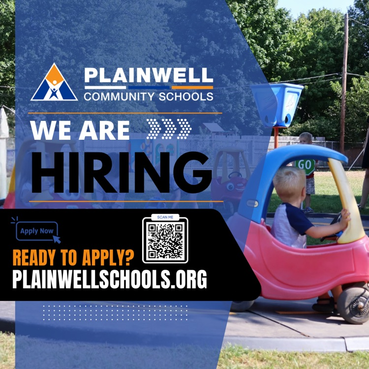 picture of preschool students riding in a toy car with words - plainwell community schools - we are hiring - ready to apply? plainwellschools.org
