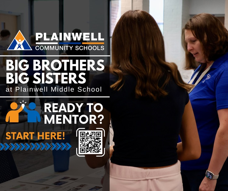 picture of a student listening to an adult with words written - plainwell community schools / big brothers big sister at plainwell middle school - ready to mentor? start here (qr code)