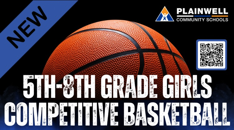 picture of a basketball with words NEW 5th-8th grade girls competitive basketball - plainwell community schools - QR code 