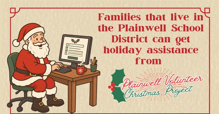 picture of Santa working on a computer with words written: families that live in the plainwell school district can get holiday assistance from plainwell volunteer Christmas project