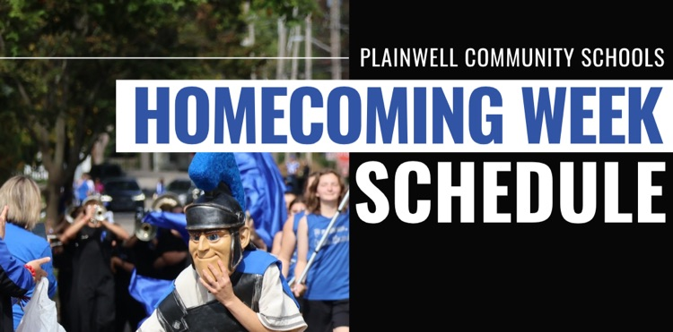 picture of the Trojan marching band giving high fives during homecoming parade with plainwell community schools - homecoming week schedule written
