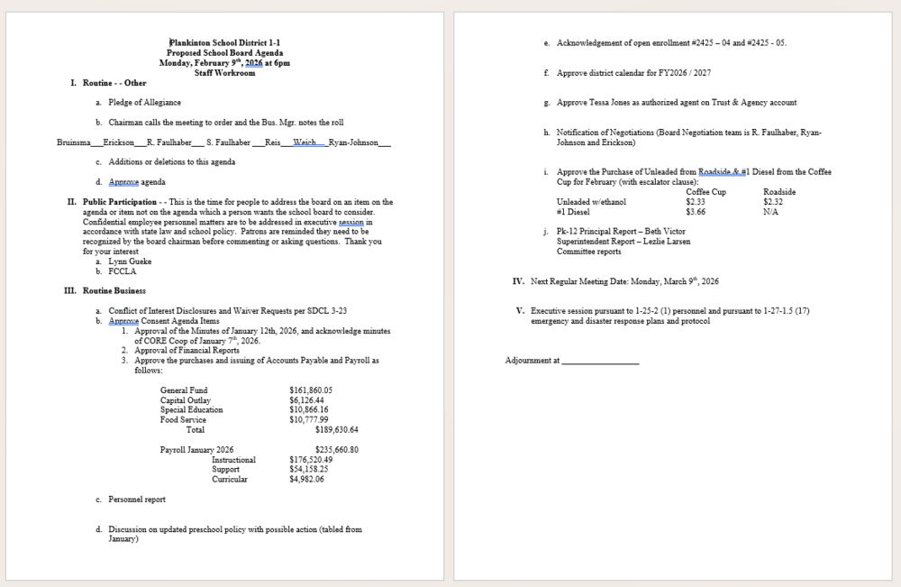 February 2026 school board agenda