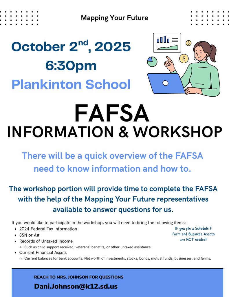 FAFSA Event Oct 2nd @ 6:30pm @ Plankinton School