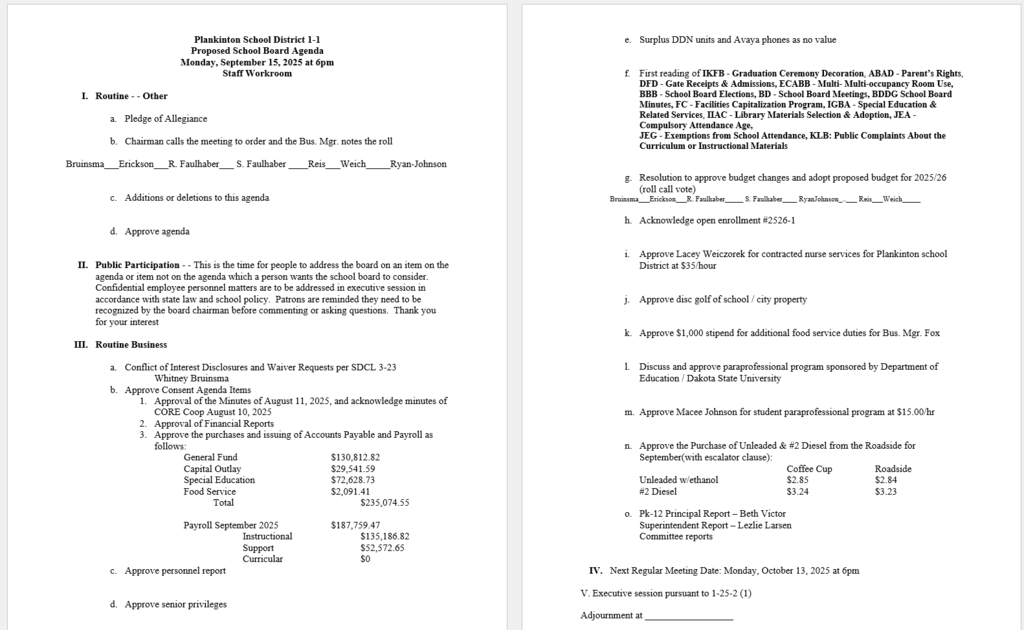 September 15 school board agenda