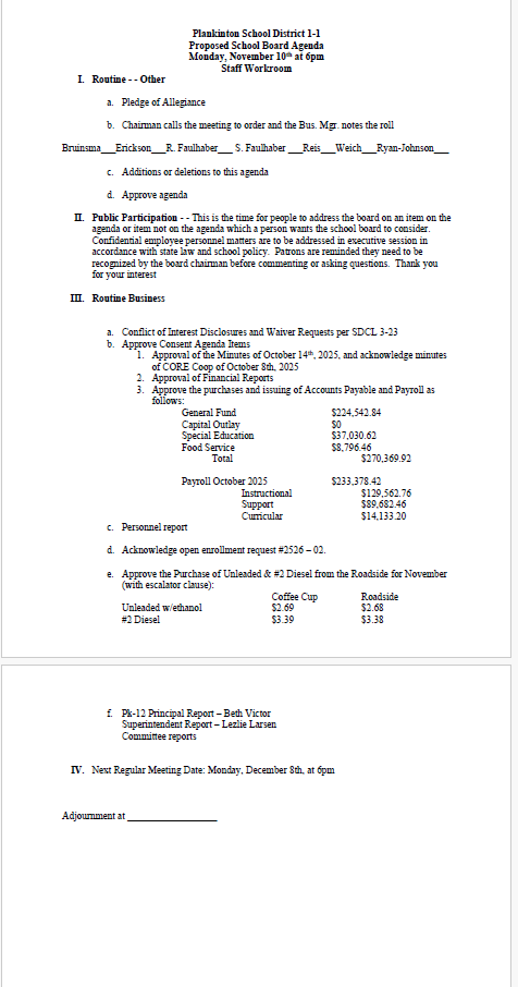 November 10, 2025 School Board Agenda