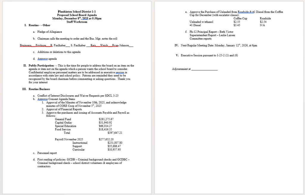 school board meeting agenda for December 8, 2025.