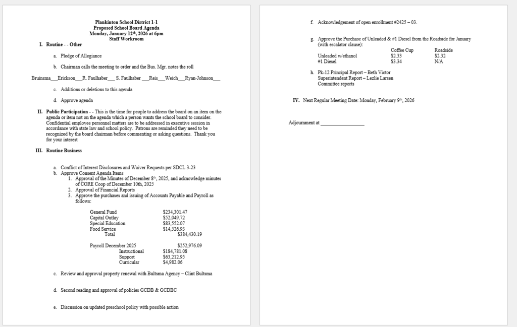 January 12, 2026 School Board Meeting Agenda