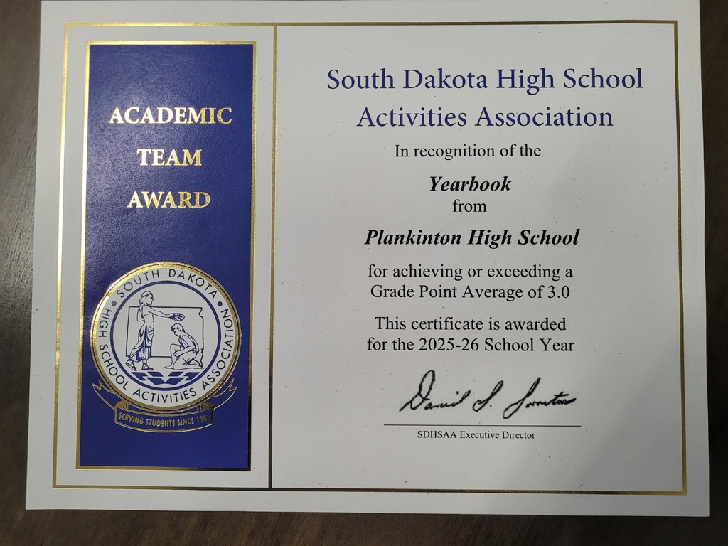 academic recognition certificate from SDHSAA for Yearbook group