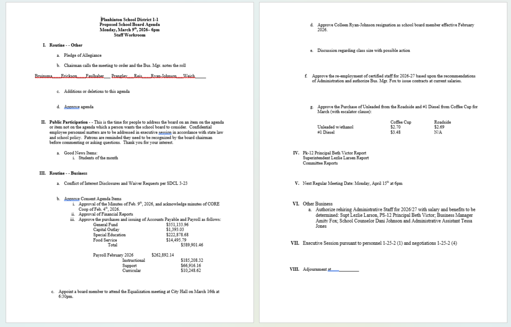 March School Board Agenda