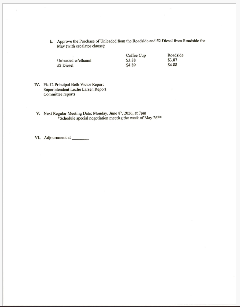 page three of the may school board agenda