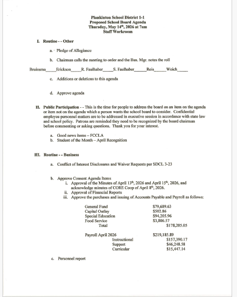 page one of the May school board agenda