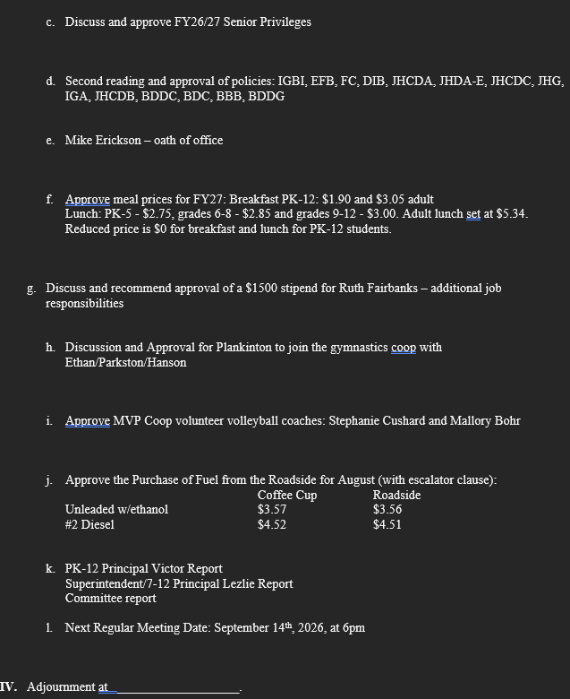 August 10 2026 board agenda