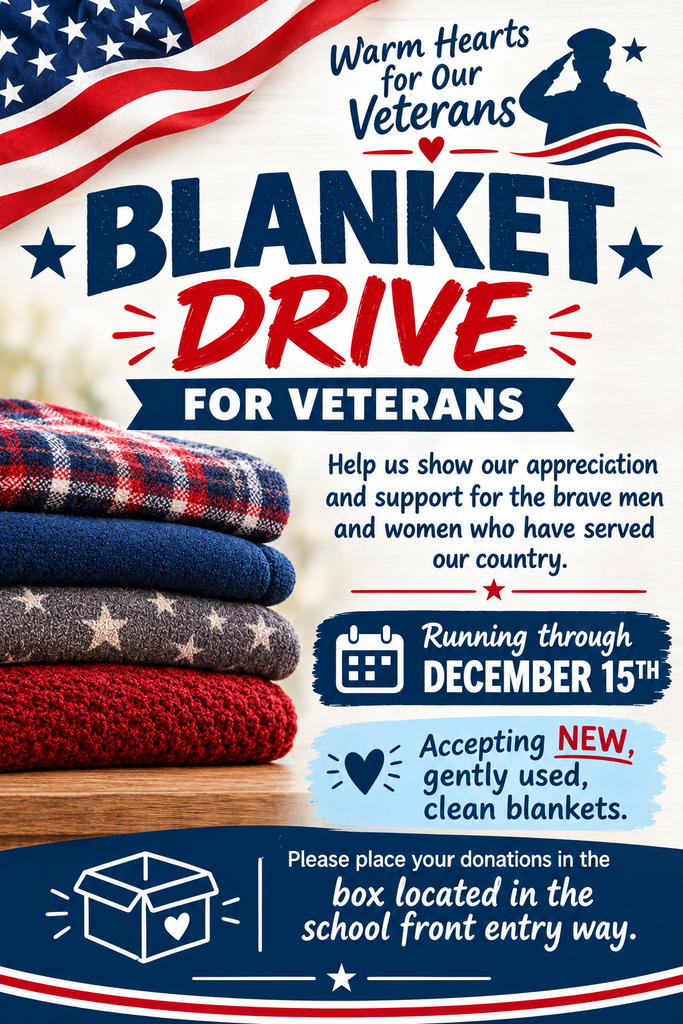 red, white, blue flyer about a blanket drive for vets being organized by one of our students