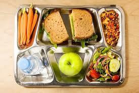 school lunch carrots apple sandwich salad water