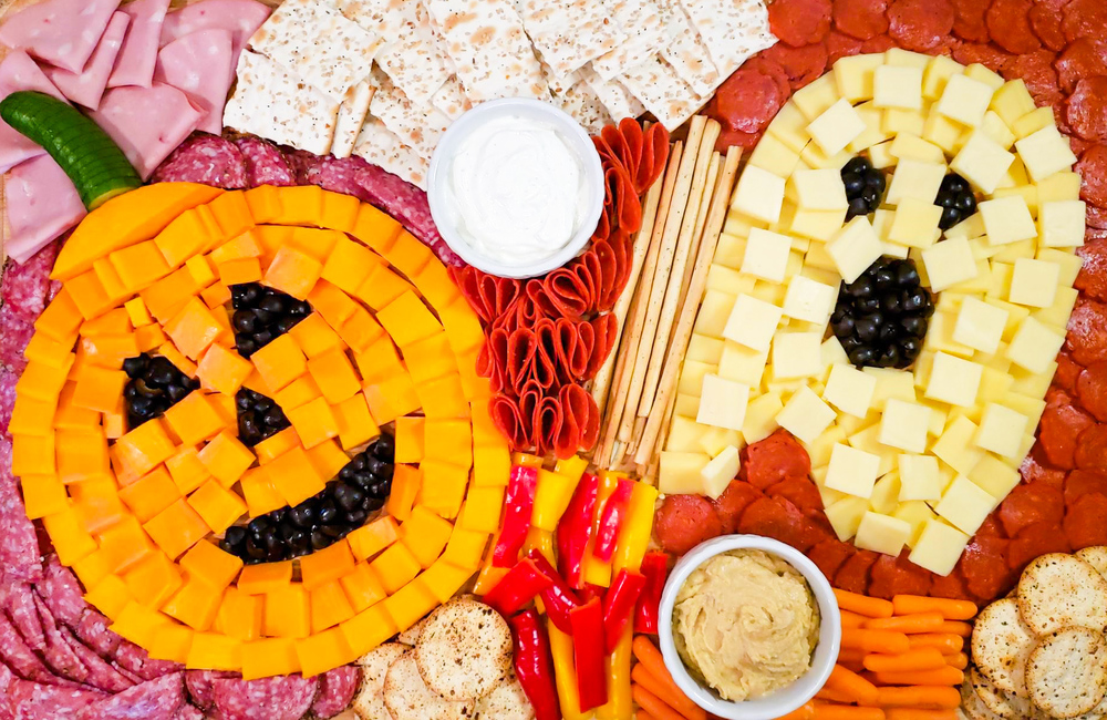 food platter pumpkin and ghost made out of cheese