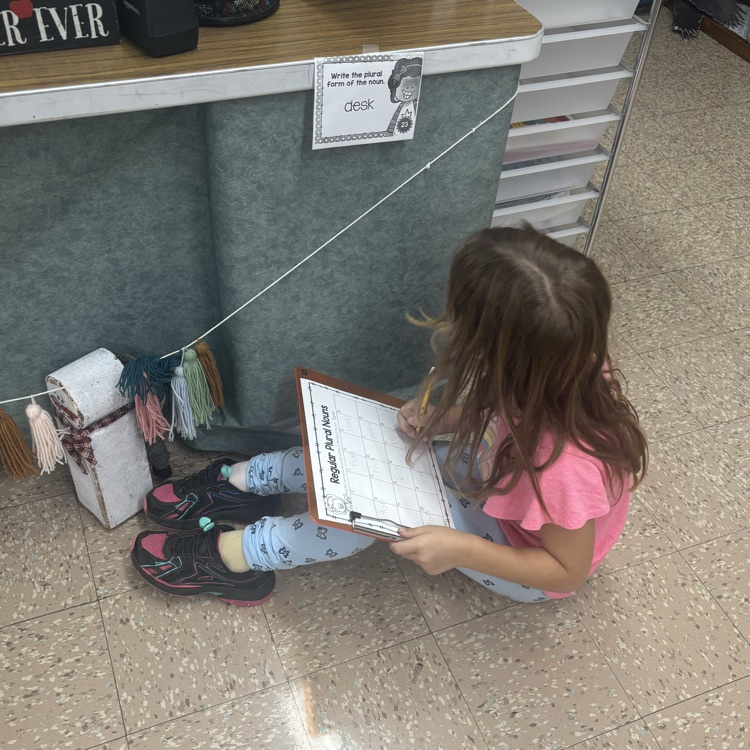 Mrs. Colliers third-grade class is practicing turning singular nouns into plurals with task cards. 