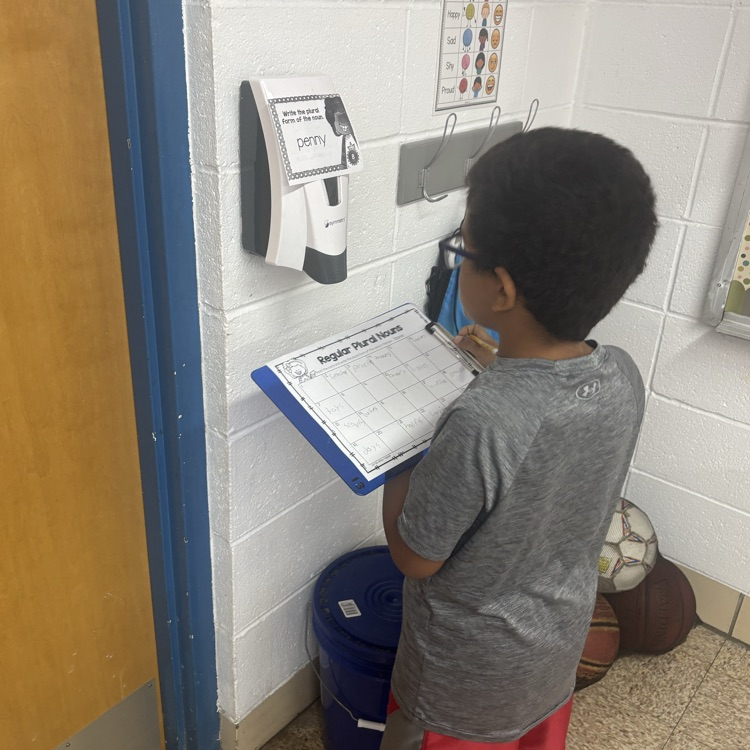 Mrs. Colliers third-grade class is practicing turning singular nouns into plurals with task cards. 