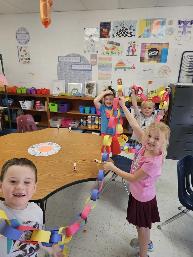 "Both kindergarten classes did so well learning their primary colors by competing to make the longest chain in Mrs. Thomas class! "