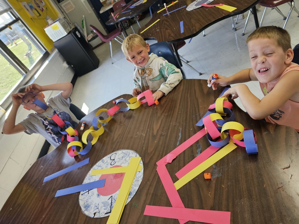 "Both kindergarten classes did so well learning their primary colors by competing to make the longest chain in Mrs. Thomas class! "