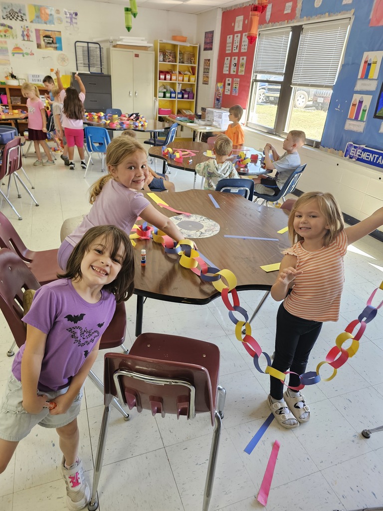 "Both kindergarten classes did so well learning their primary colors by competing to make the longest chain in Mrs. Thomas class! "
