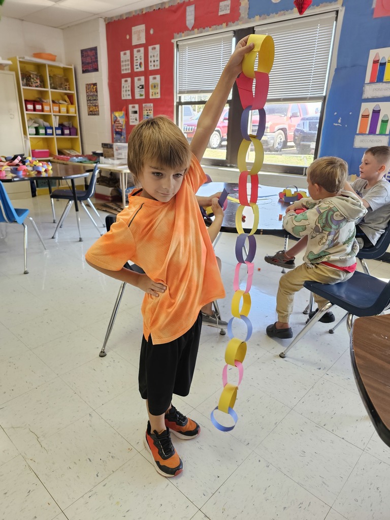 "Both kindergarten classes did so well learning their primary colors by competing to make the longest chain in Mrs. Thomas class! "