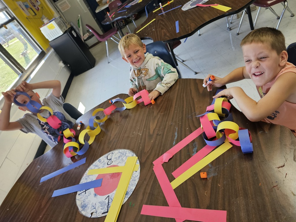 "Both kindergarten classes did so well learning their primary colors by competing to make the longest chain in Mrs. Thomas class! "