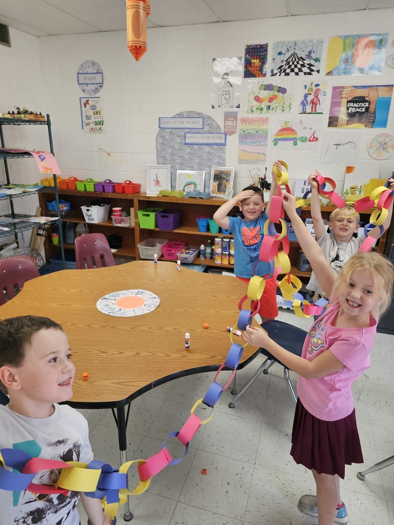 "Both kindergarten classes did so well learning their primary colors by competing to make the longest chain in Mrs. Thomas class! "