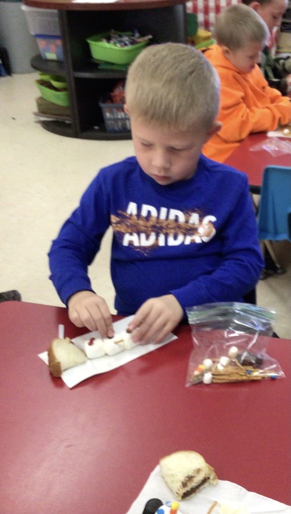 Miss Amy’s kindergarten class is really wanting some snow. We have used our imagination to play in the snow and made imaginary snowman. Today we used our snowman kit to make an edible snowman. Let it SNOW!