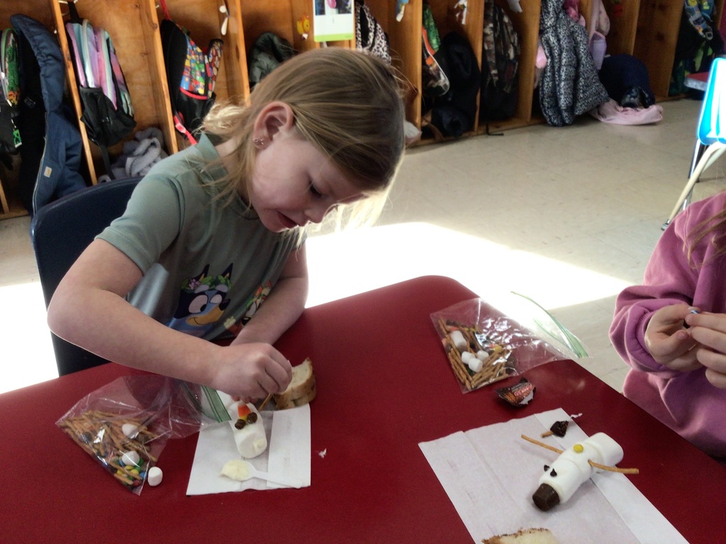 Miss Amy’s kindergarten class is really wanting some snow. We have used our imagination to play in the snow and made imaginary snowman. Today we used our snowman kit to make an edible snowman. Let it SNOW!