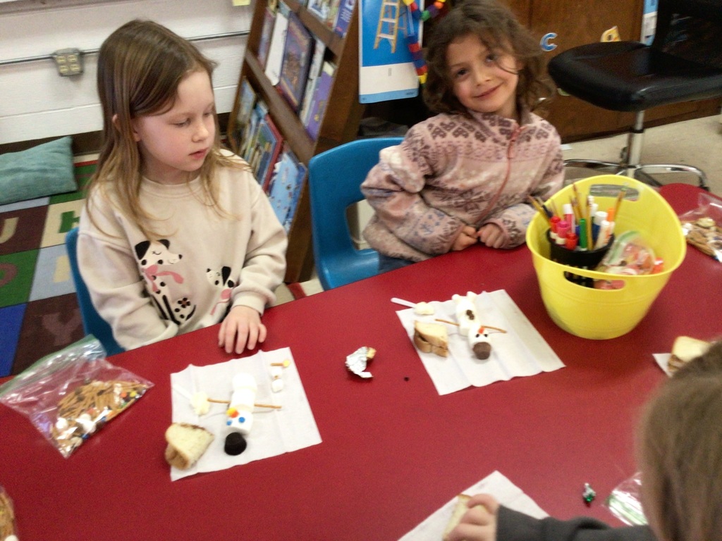 Miss Amy’s kindergarten class is really wanting some snow. We have used our imagination to play in the snow and made imaginary snowman. Today we used our snowman kit to make an edible snowman. Let it SNOW!