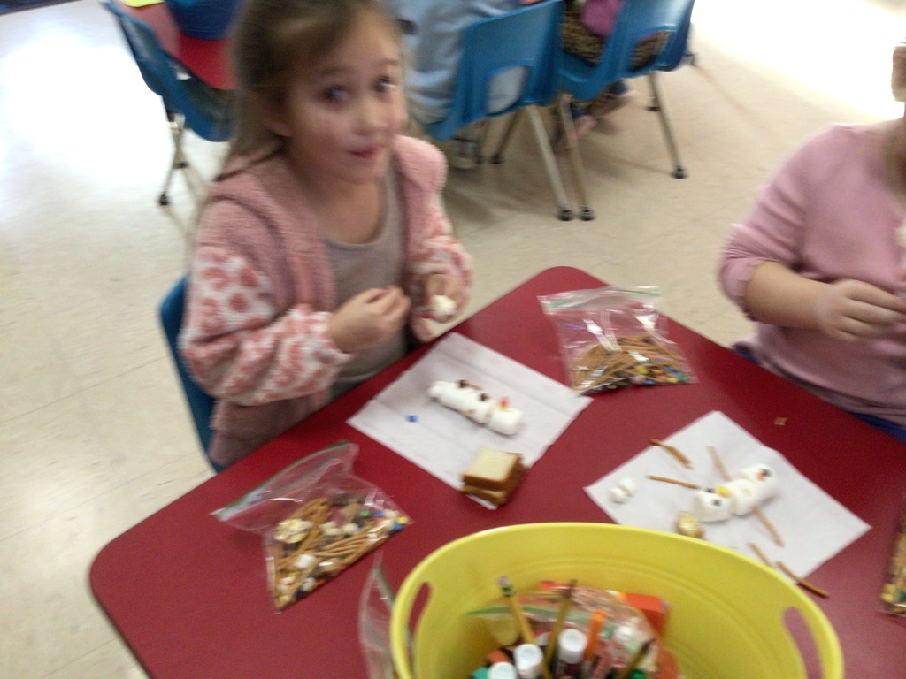 Miss Amy’s kindergarten class is really wanting some snow. We have used our imagination to play in the snow and made imaginary snowman. Today we used our snowman kit to make an edible snowman. Let it SNOW!