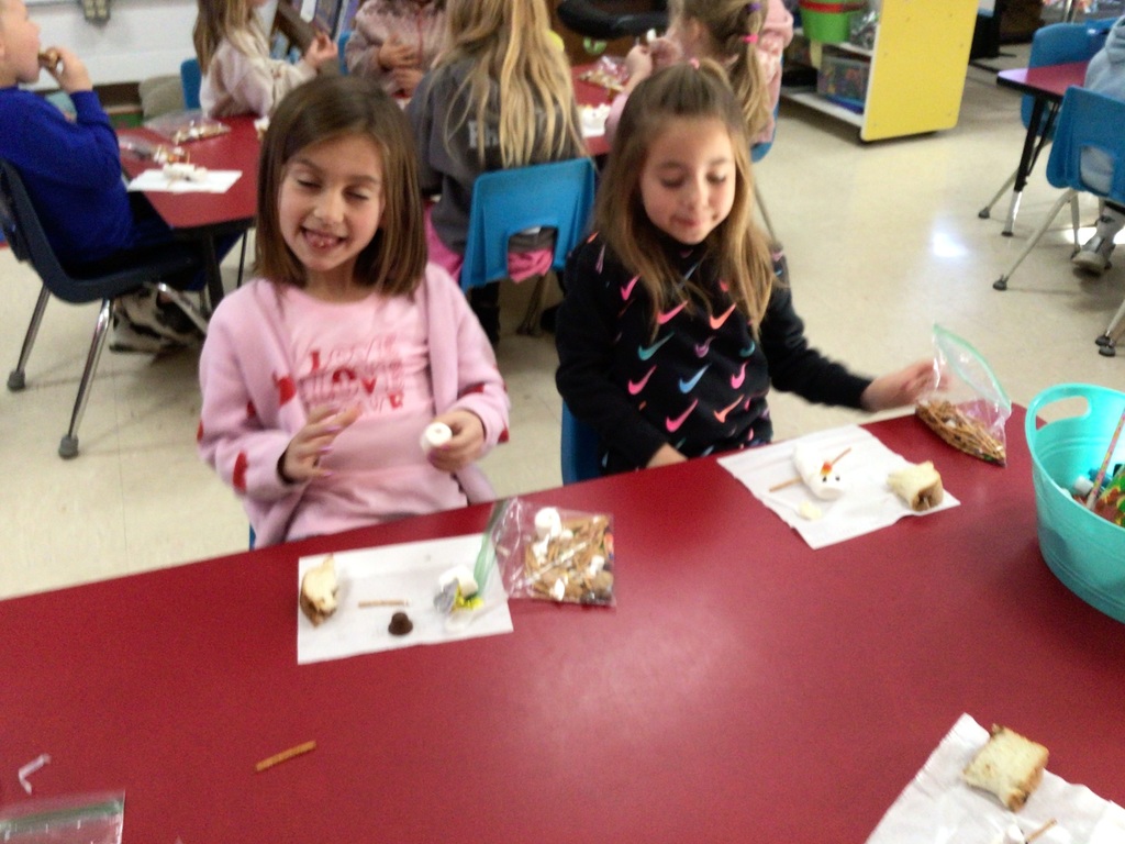 Miss Amy’s kindergarten class is really wanting some snow. We have used our imagination to play in the snow and made imaginary snowman. Today we used our snowman kit to make an edible snowman. Let it SNOW!